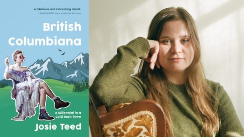 On the left is a book cover image of a woman in dress sitting in front of a cartoon background of mountains, grass, and evergreen trees. There is also black and white text overlay. On the right is a photo of a brown-haired woman wearing a green sweater and smiling at the camera. 