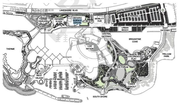 A map showing plans for the redevelopment of Ontario Place.