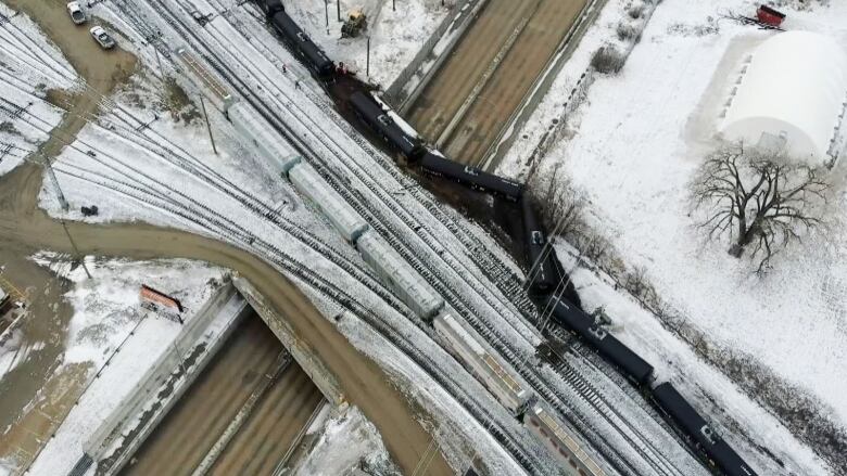 Drone view of a train derailment. 