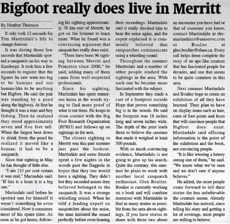 A newspaper clipping from 2004 from the Merritt Herald has the headline 