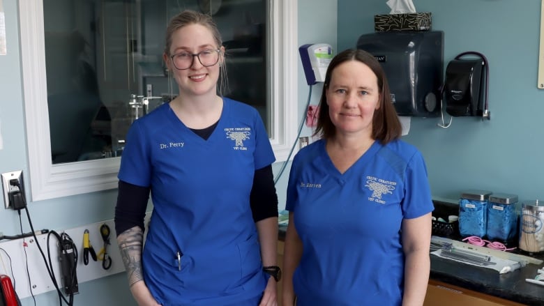 Dr. Laura Perry and Dr. Rebecca Korven stand side by side in a room in Celtic Creatures Veterinary Clinic. They are both wearing scrubs.