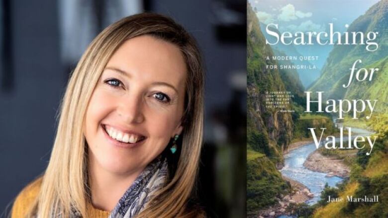 On the left is a headshot of woman with blonde hair and yellow sweater smiling at the camera. She is wearing turquoise earrings and a blue and white scarf. On the right is a book cover that has an image of a valley with two mountains that have a river running through. There is white text overlay that is the book title and author name. 