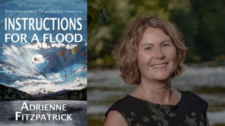 On the left is a book cover that shows a mountain, ocean, and cloudy skies. There is white text overlay that is the book title and author's name. On the right is a headshot of a woman with a short bob wearing a black tank top with yellow flowers on it. She is smiling at the camera. 