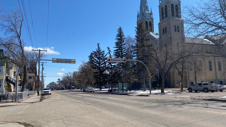 Pedestrian crosswalk in front of church.