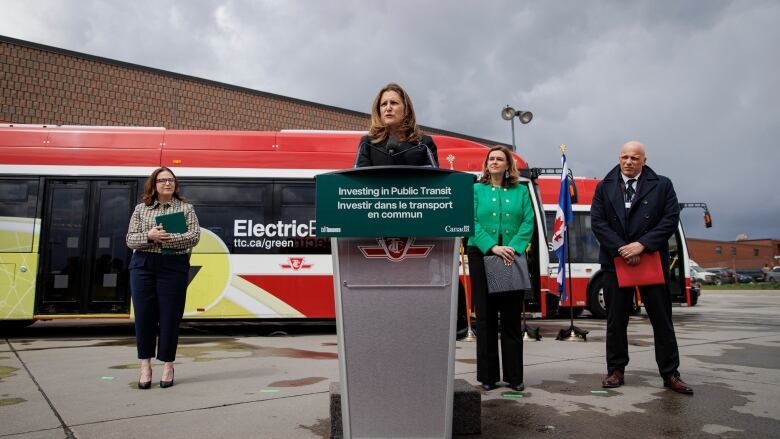 Deputy Prime Minister Chrystia Freeland at a podium.