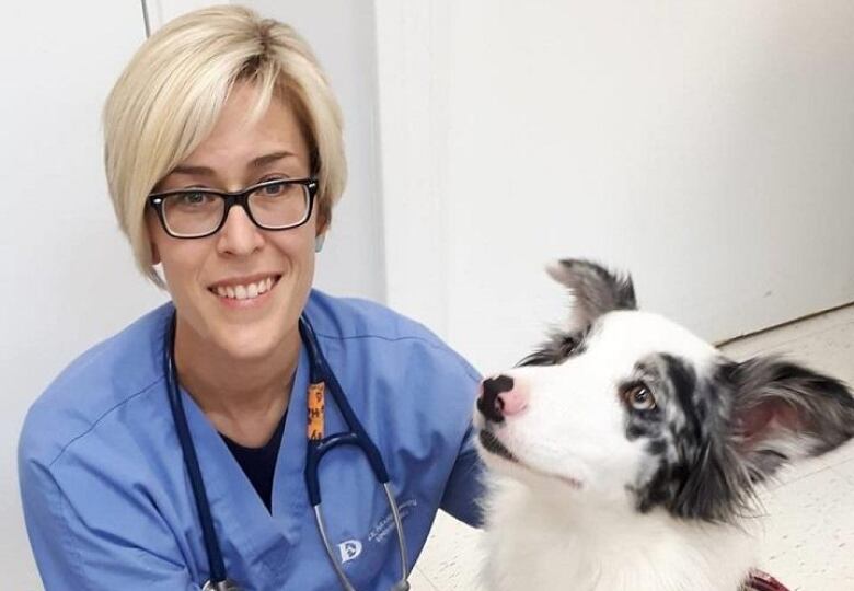 A woman, left, wearing blue scrubs and a stethoscope around her neck. She has her hands touching a fluffy grey and white dog on the right.