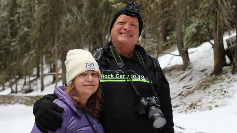 Nelson and Debbie Brentlinger are pictured at Johnston Canyon in Banff in April 2023.