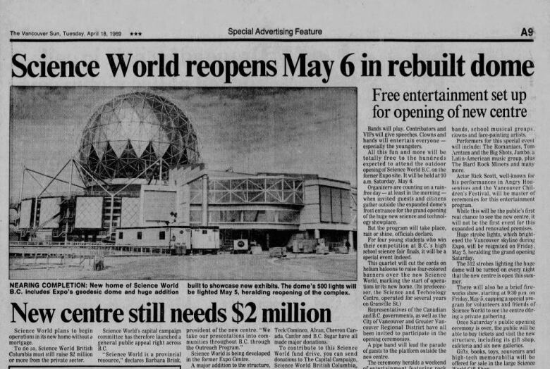 A 1989 headline in the Vancouver Sun shows how the building had to be rebuilt to be a permanent structure, but also how the charity put in charge of the building was seeking funding right from the start.