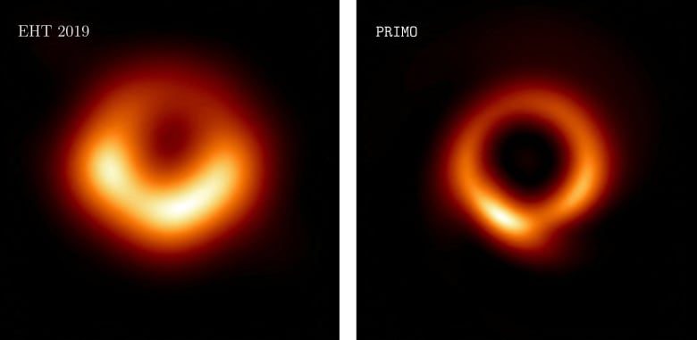 Two photos of a black hole are side by side. The one on the left shows a more white-hot orange ring of a black hole's event horizon. The less blurry image on the right shows the bright ring of the event horizon with sharper edges that appear thinner. 