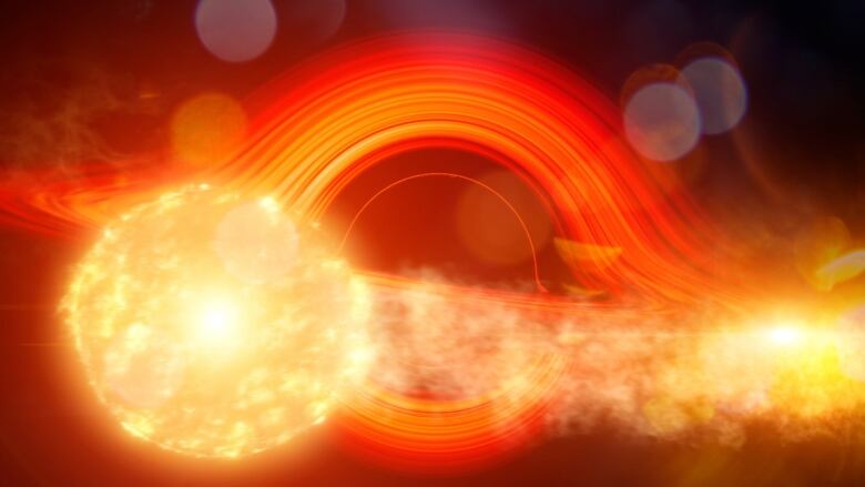 We see a bright glowing outline of a supermassive black hole's event horizon that takes the shape of the planet Saturn with a bright white hot yellow star passing by leaving a haze of gas in is wake.