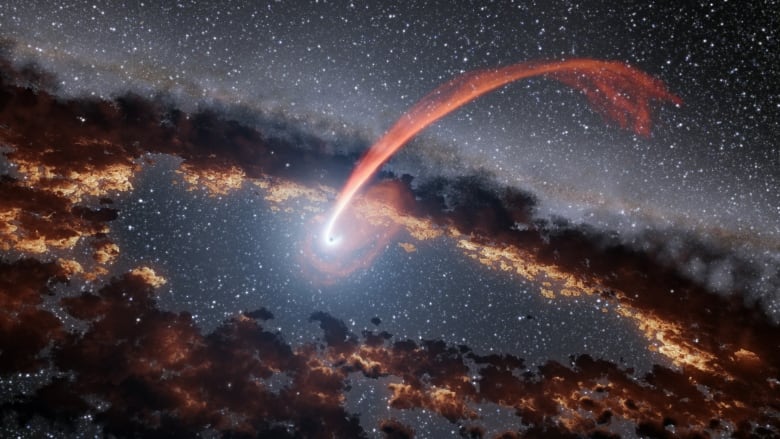 A point of bright light depicting a star that's being eaten by a black hole with a long red tail of gas arcing out of the black hole that in this image looks like a circular dark cloud.