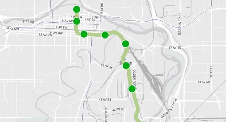 A grid map of Calgary with a green line showing the track of the Green Line LRT project. 