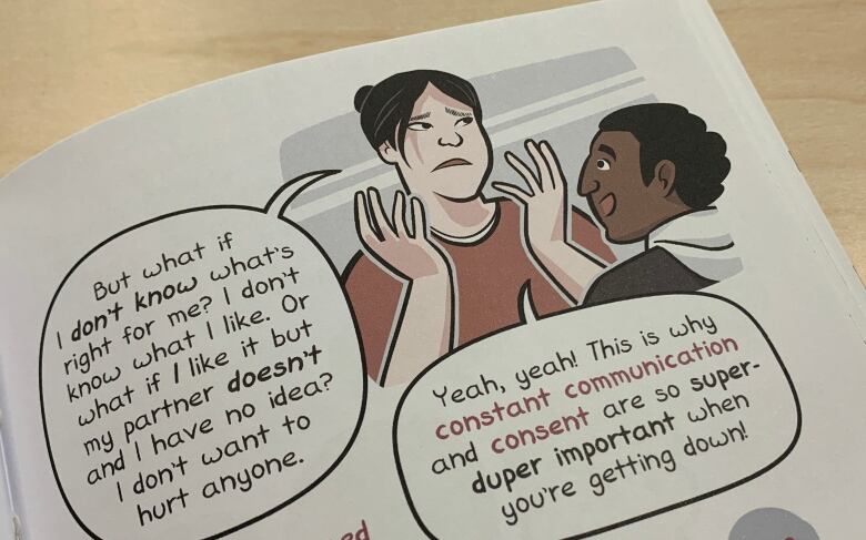 Two characters in a graphic novel discuss consent and communication during sex.