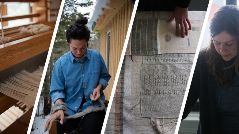 A series of four images in a collage. A loom, a photo of a woman in a denim shirt with her hair in a top bun with wool in her hand, a hand touching cloth in neutral colours and a woman with long brown hair wearing a black top.