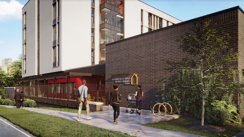 A 3D rendering shows two a man and a woman and a mother pushing a stroller walking into the entrance of the Ronald McDonald House in Halifax