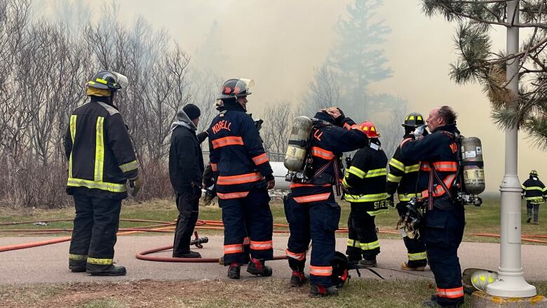 About eight firefighters in full uniform stand in front of smoky woodland. 