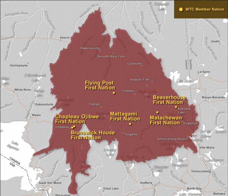 A map of First Nations territory stretching from close to Lake Superior to the Ontario-Quebec Border.