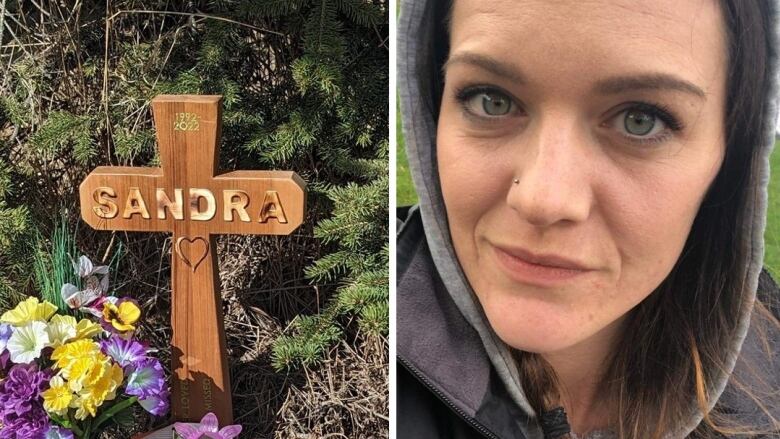 A wooden cross embossed with the name 'Sandra' amid flowers, and a woman with hoodie on the right.