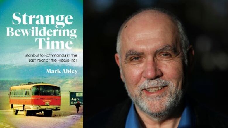 On the left is a book cover that is a photo of an orange van on a dirt road. In the background is a valley with mountains in the background. On the right is the author headshot of a man with a white beard, he is smiling at the camera.  