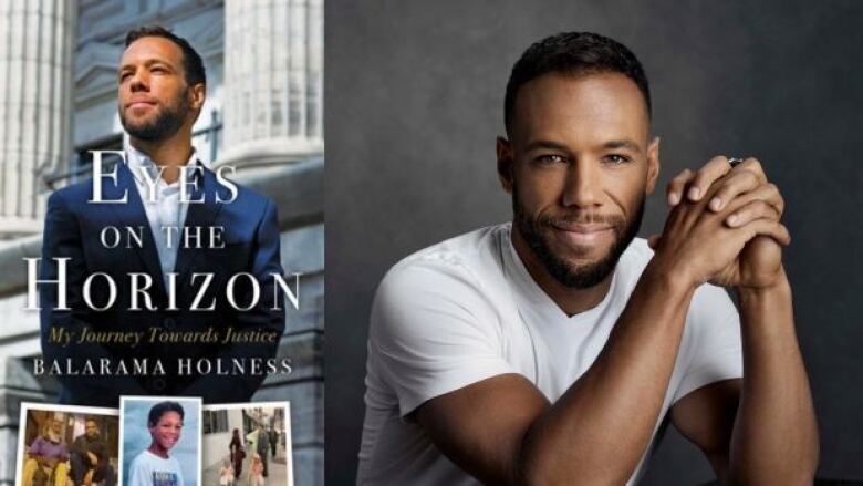 On the left is a book cover that has a photo of a Black man in a blue suit looking off to the right in the distance. He is standing in front of two white pillars of a courthouse. On the right is a author headshot of the same man on the book cover, wearing a white t-shirt with his hands folded up and smiling at the camera.  