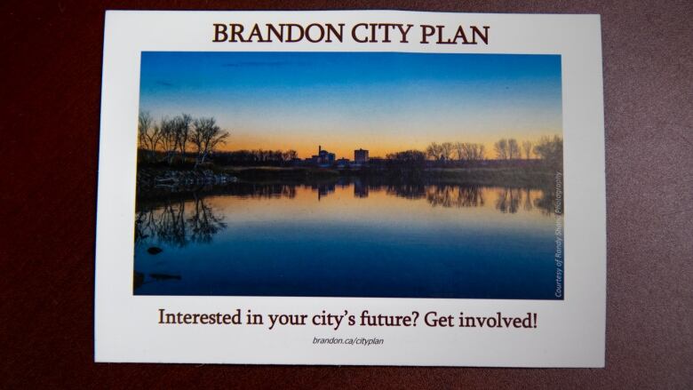 A postcard invites people to share their opinion on the Brandon City Plan.