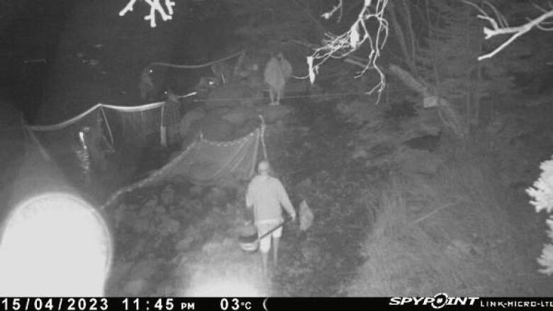 Night vision photo of people with nets in a river.