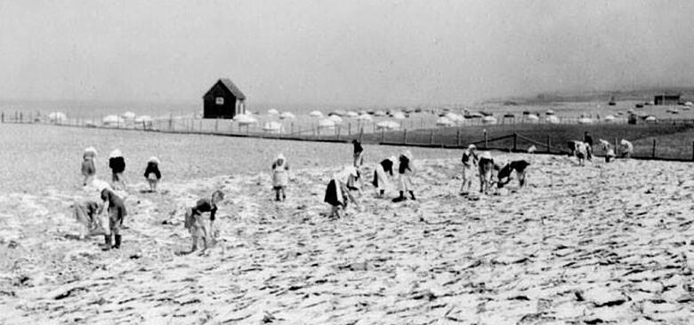 A black and white picture of people laying fish out on a beach to dry.