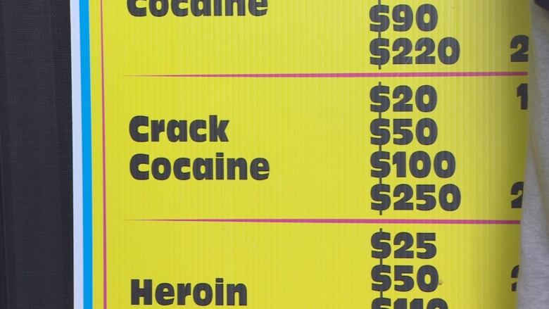 A yellow board advertises the price for cocaine, heroin and crack cocaine.