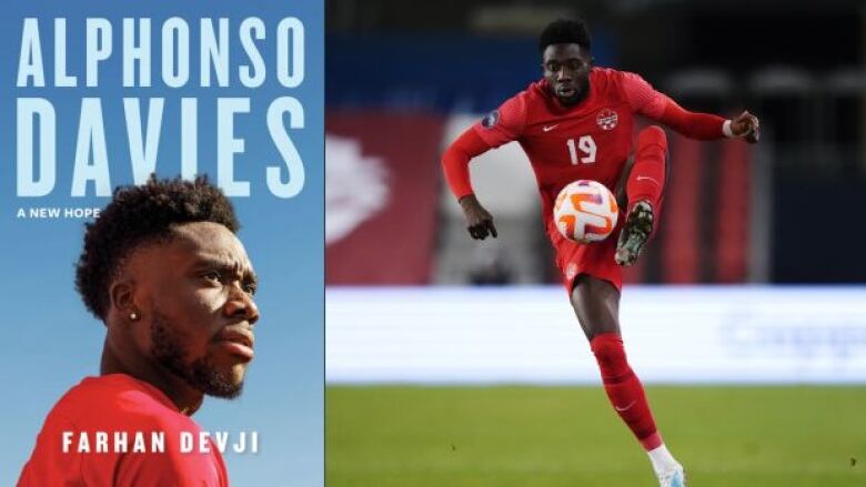 On the left is a book cover that shows a man wearing a red t-shirt looking to the right and gazing pensively into the distance. There is white text overlay for the book title and author name. On the right is a photo of the same man wearing a red soccer jersey, red shorts, and red shin guards who is kicking up a soccer ball on the soccer field. 