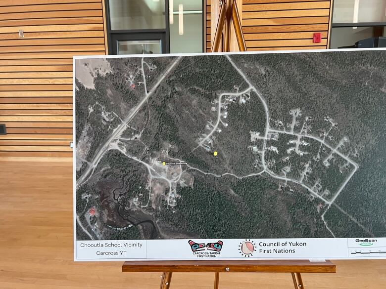 A large aerial photograph stands on an easel inside a room.