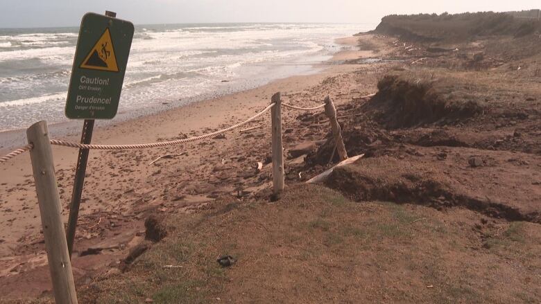 A  beach and sand dunes and a caution sign