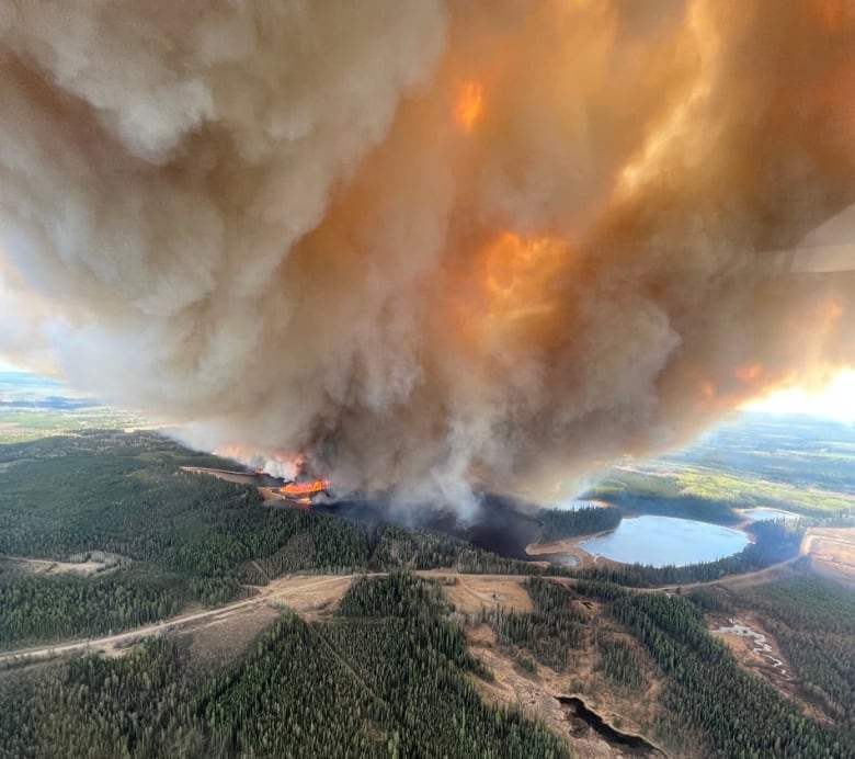 A giant plume of smoke is seen from above.