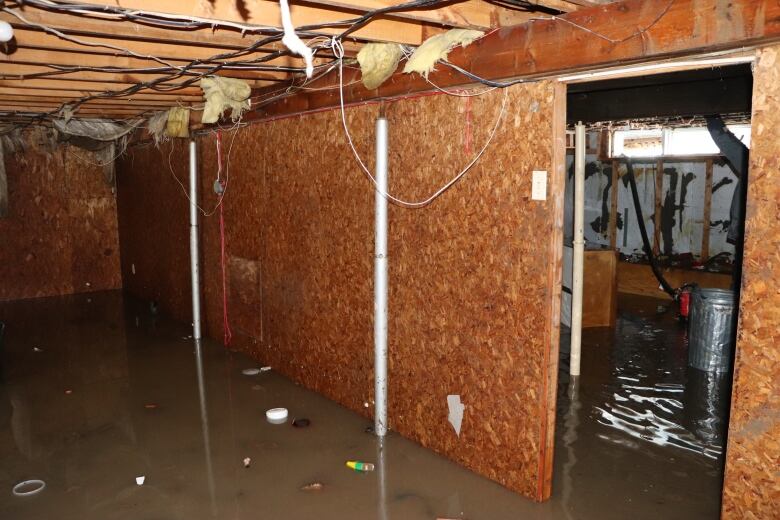 Debris and muddy water soak an unfinished basement. 