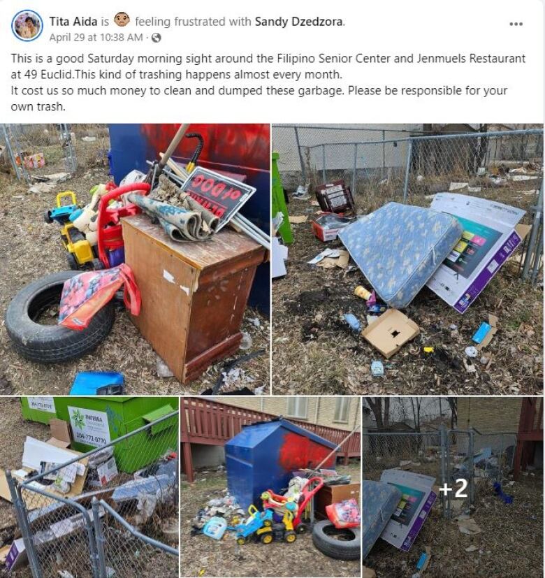 A social media post with a number of photographs of garbage.