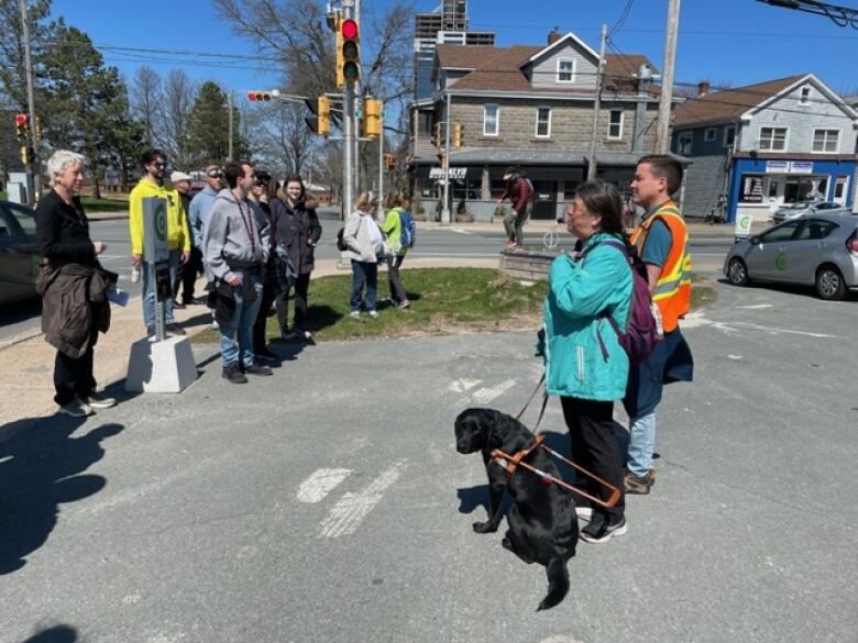 A woman with a guide dog addresses a group of people at a city street corner.