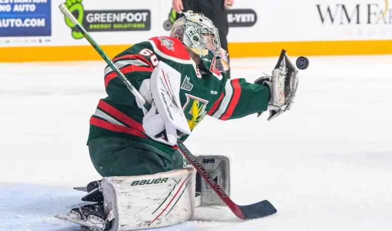 A goaltender reaches for a puck that's flying through the air.