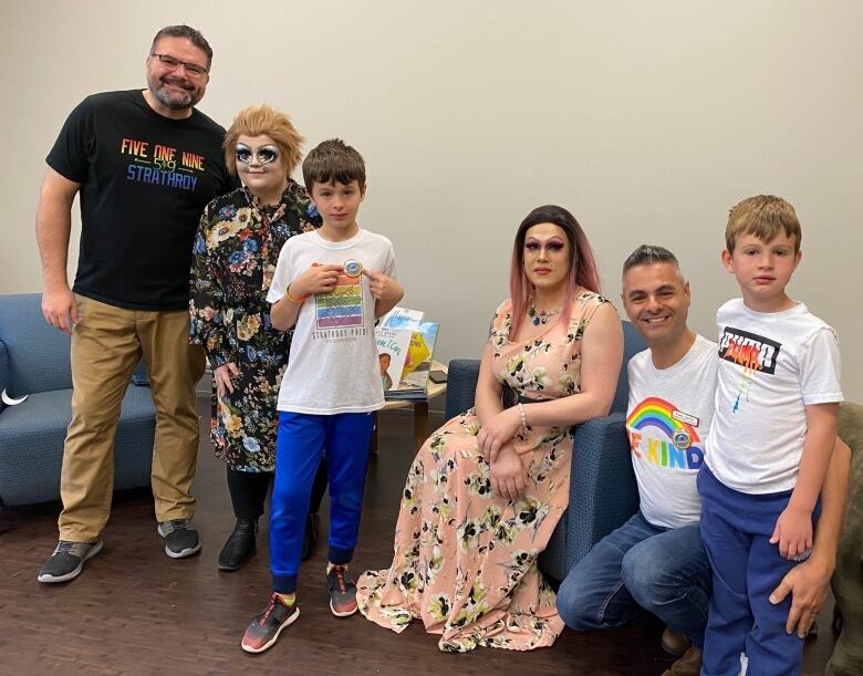 Frank Emanuele, director of Strathroy Pride (right), pictured with his children, partner and drag queens Von Panico, Miss Lita, at the Parkhill event.