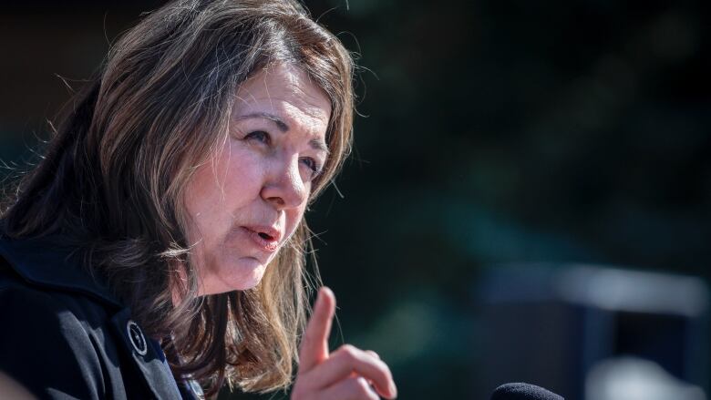 A woman speaks into a microphone.