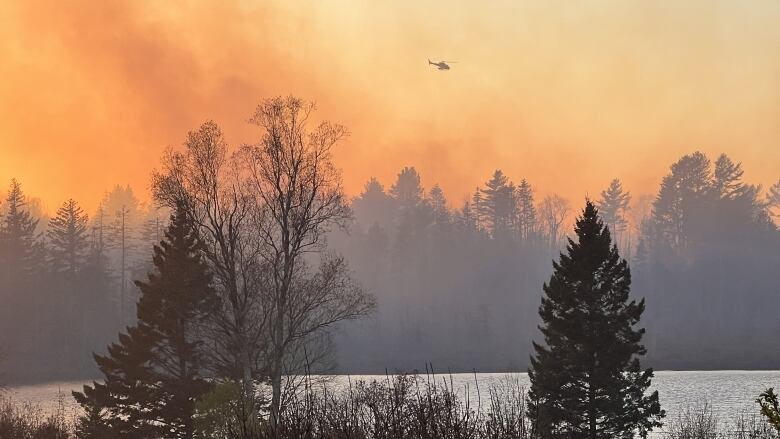 A helicopter is shown in the distance in an orange sky over a tree line.