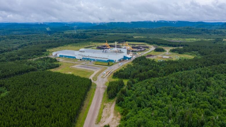 A blue and grey industrial building sits at the end of a road surrounded by green boreal forest