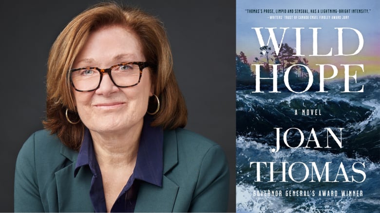 A composite image of a woman with dark hair, glasses and a dark green blazer smiles at the camera and a book cover with an image of crashing waves and the words Wild Hope by Joan Thomas written on it.