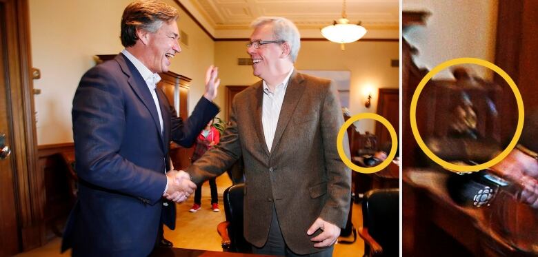 Blackfeet: Beaverhead Medicine Man can be seen in the background of this photo of former Premier Gary Doer passing the reins to former Premier Greg Selinger in 2009.  