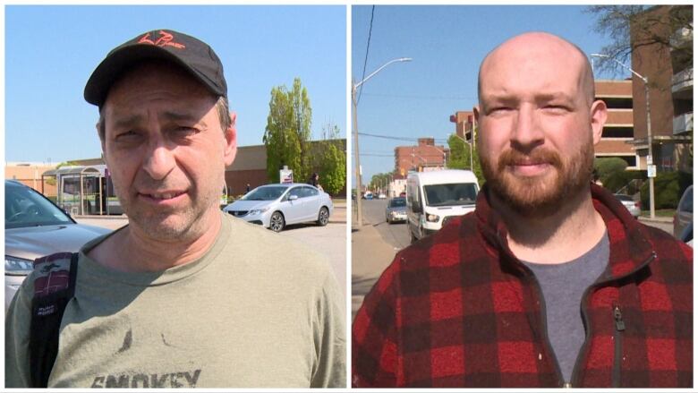 A man wearing a green t-shirt and a black hat standing next to a bald man wearing a red chequered sweater over a blue shirt