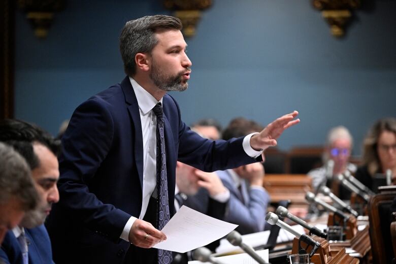 Qubec Solidaire co-spokesperson Gabriel Nadeau-Dubois questions the government during question period, Thursday, May 11, 2023 at the legislature in Quebec City.