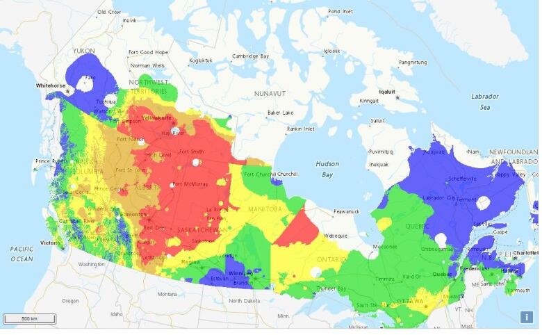 Map of Canada with red colours in Alberta meaning high fire risk.