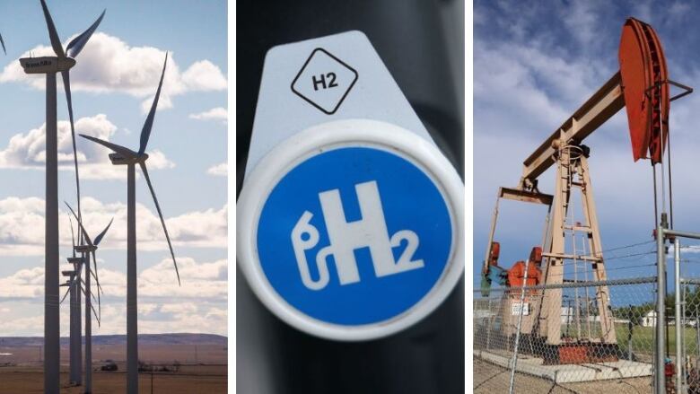 From left, a row of wind turbines stand in a row silhouetted against a cloudy sky and rolling foothills; a closeup of the blue and white icon on a hydrogen fuel pump; a red-topped pump jack behind a fence.