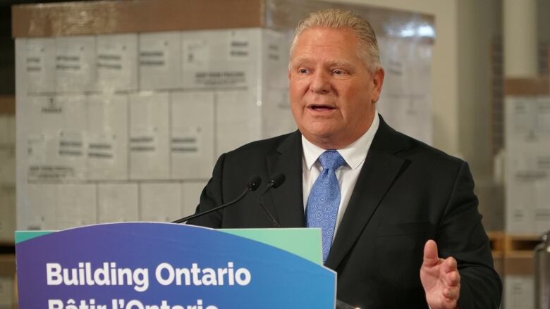 Premier Doug Ford stands behind a podium that reads 'Building Ontario'