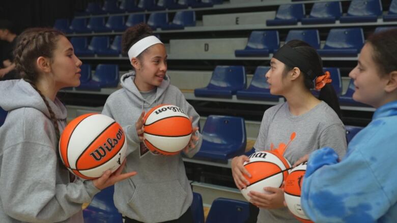 A group of girls holding basketballs speak to each other.