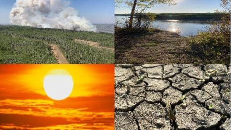 A collage of photos showing forest fire, a river, the sun and dry, cracked soil