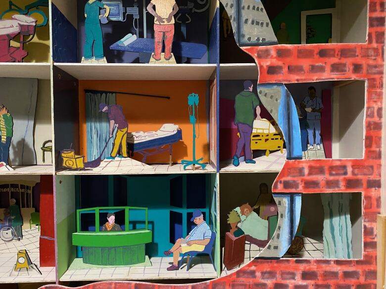 Different rooms of a large dollhouse with paper cutouts of people.